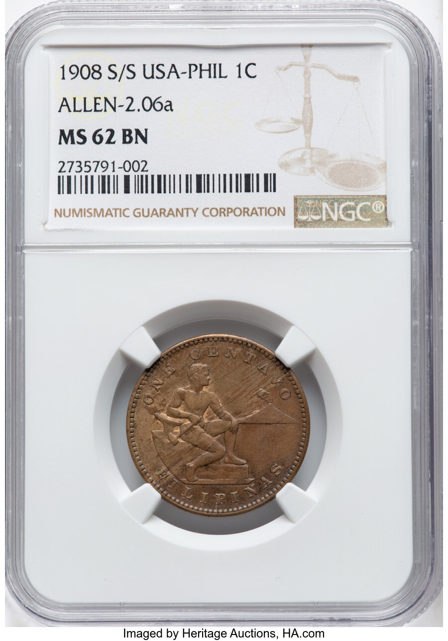 image for: 1908-S/S 1C USA-Philippines Allen-2.06a MS62 Brown NGC. NGC Census: (0/0)....