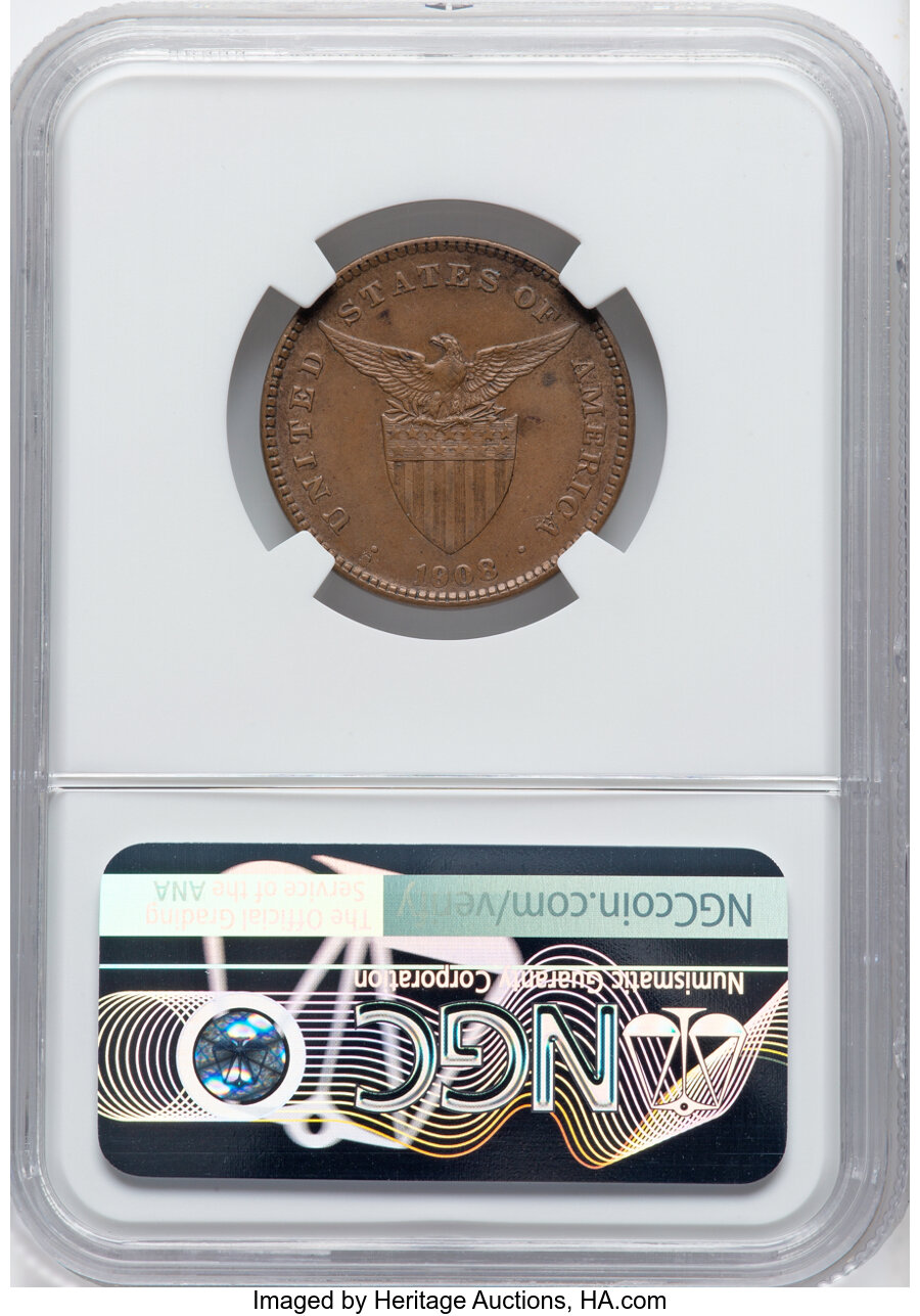 image for: 1908-S/S 1C USA-Philippines Allen-2.06a MS62 Brown NGC. NGC Census: (0/0)....