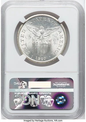 image for: 1910-S Philippines Peso MS63 NGC. NGC Census: (18/11). Mintage 3,153,559....