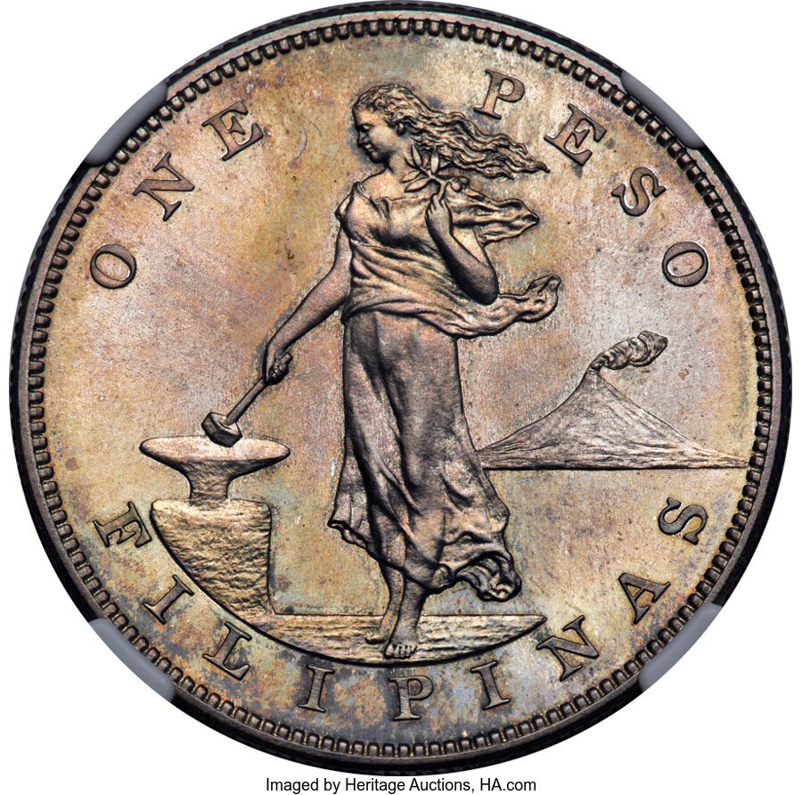 image for: 1904/4  U.S. Philippines Peso, KM-168, Allen-16.03a, PR65 NGC. The 4 is recut most visibly at the upright top -- a rare and...