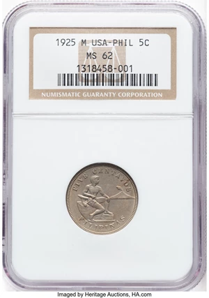 image for: 1925-M 5C Philippines 5 Centavos MS62 NGC. NGC Census: (0/0)....