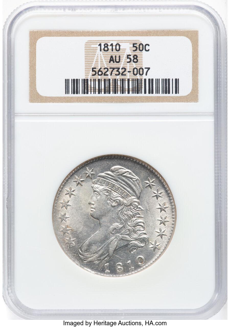 image for: 1810 50C O-105, R.2, AU58 NGC. NGC Census: (59/75).  Mintage 1,276,276....