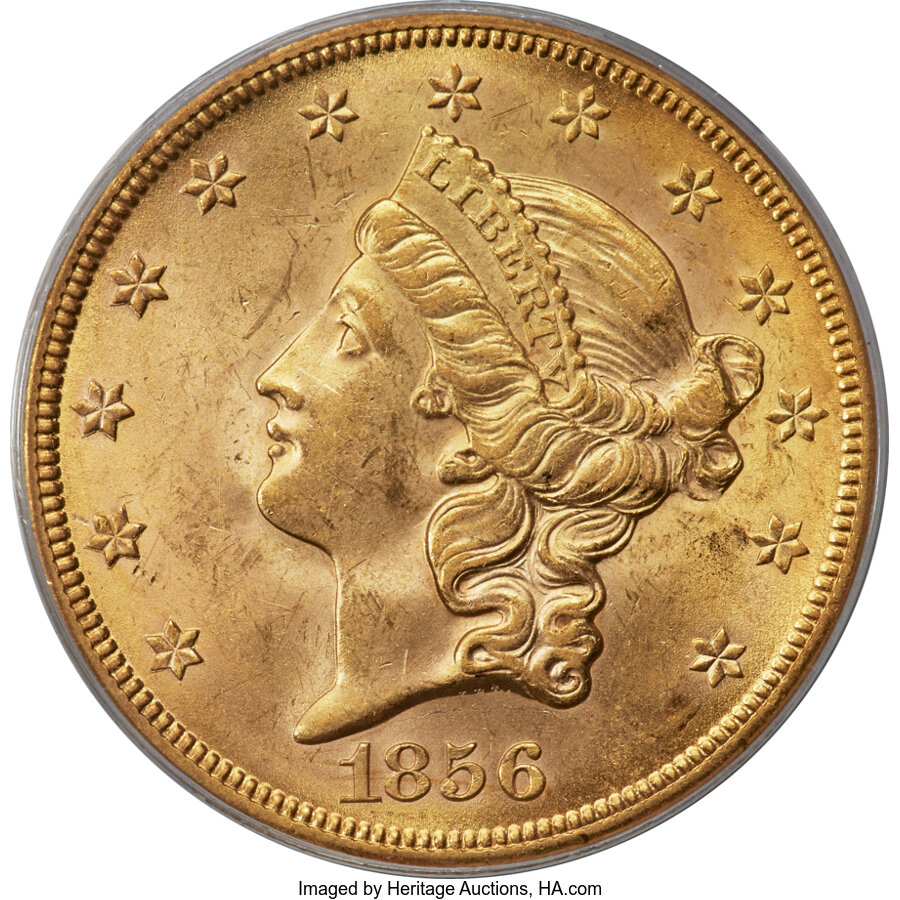 image for: 1856-S $20 Full Serif, Broken A, Variety 17A, MS62 PCGS. CAC....