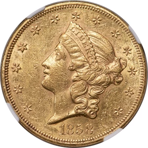 image for: 1858 $20 AU58 NGC....