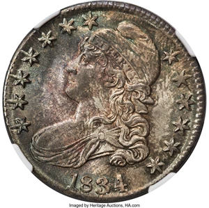 image for: 1834 50C Large Date, Large Letters, O-102, R.1, MS66 NGC....