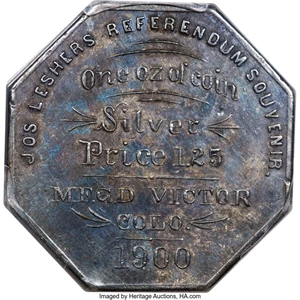 image for: 1900 $1 Lesher Dollar, First Type, Silver, Z-1, HK-787, R.6, Serial #74, AU50 PCGS....