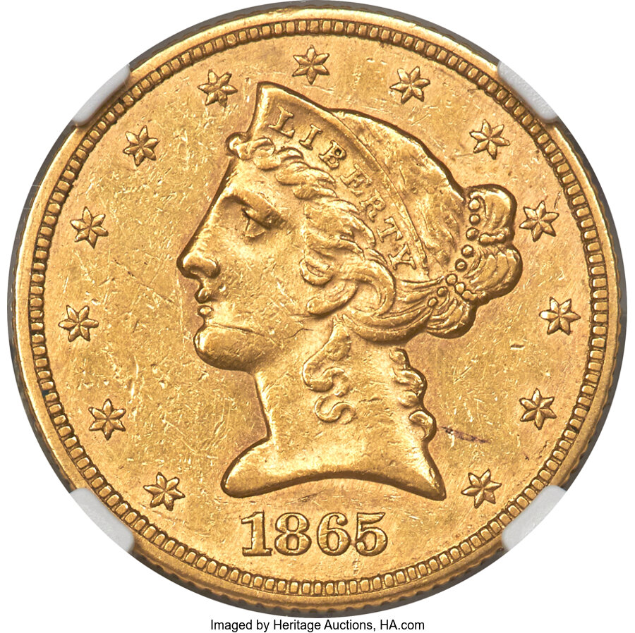 image for: 1865 $5 AU55 NGC....