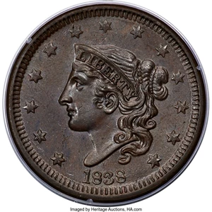 image for: 1838 1C N-12, R.2, MS64 Brown PCGS. CAC....