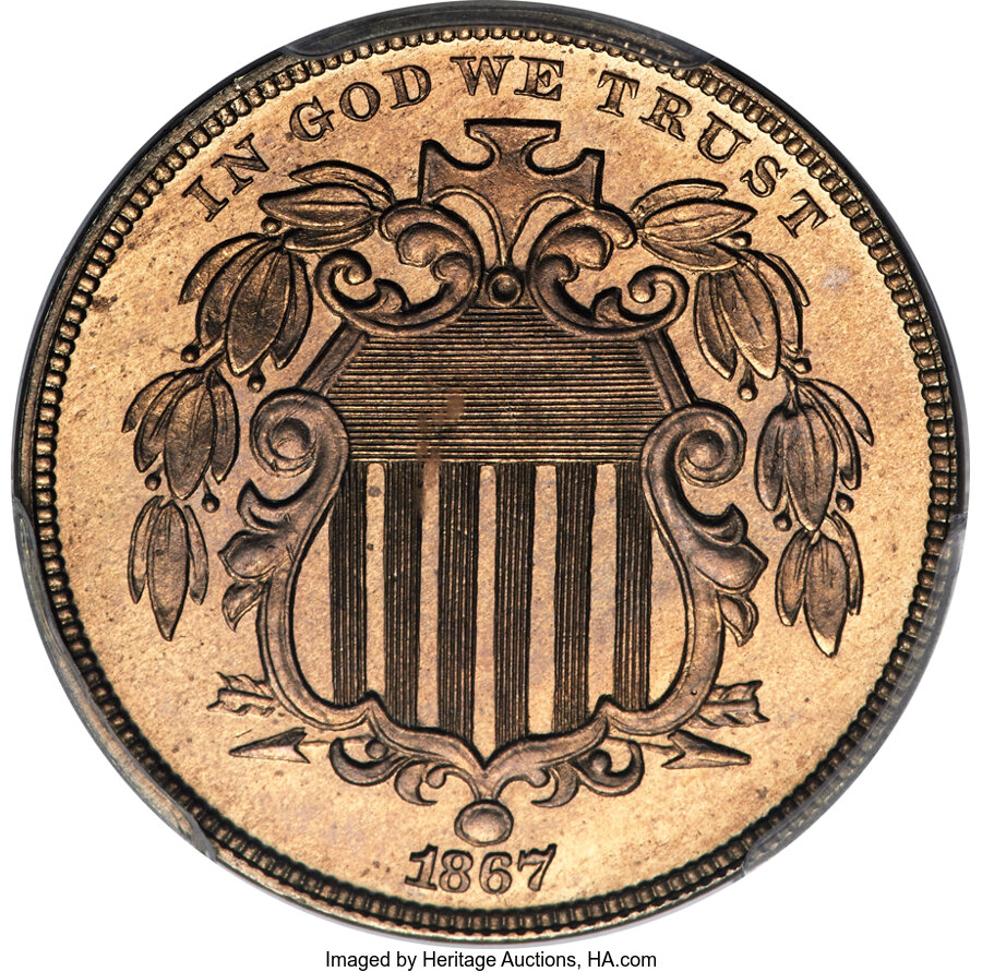 image for: 1867 5C Rays, JD-1, R.6, PR64 Cameo PCGS. CAC....