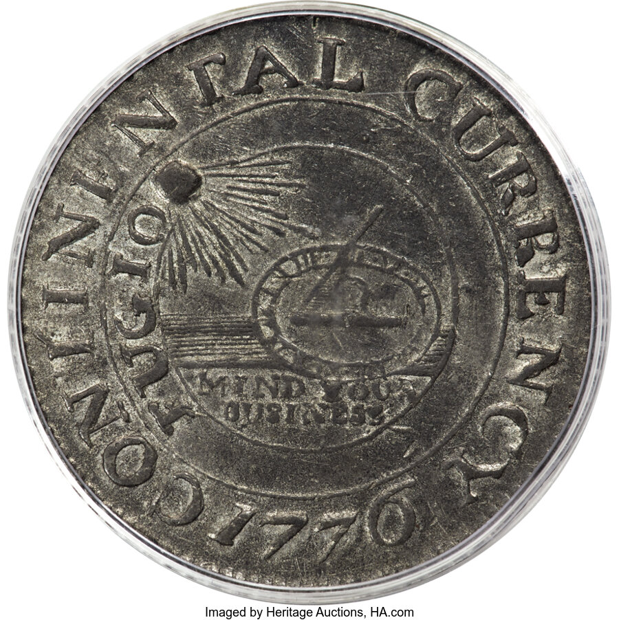 image for: 1776 $1 Continental Dollar, CURRENCY, Pewter, N. 2-C, W-8455, R.3, AU53 PCGS. CAC....