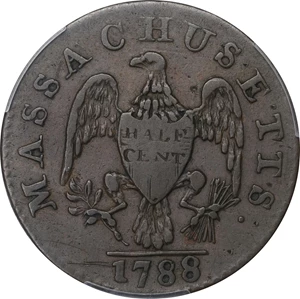 image for: 1788 Massachusetts Half Cent. Ryder 1-B, W-6010. Rarity-2. VF-35 (PCGS).