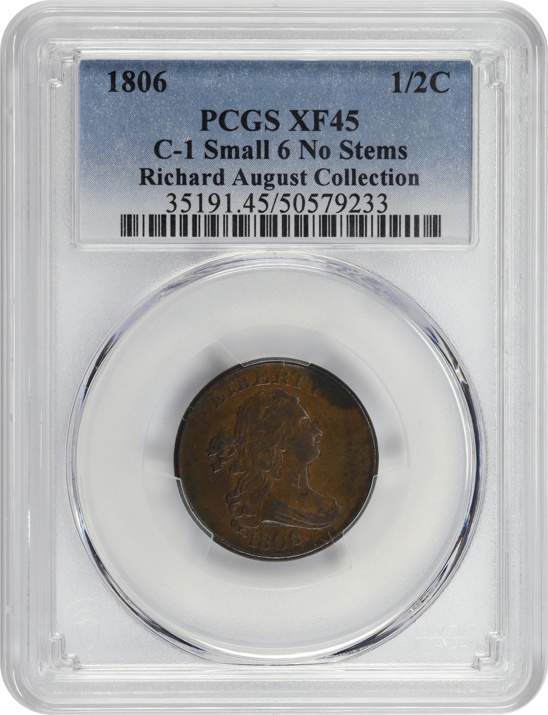 image for: 1806 Draped Bust Half Cent. C-1. Rarity-1. Small 6, Stemless Wreath. EF-45 (PCGS).