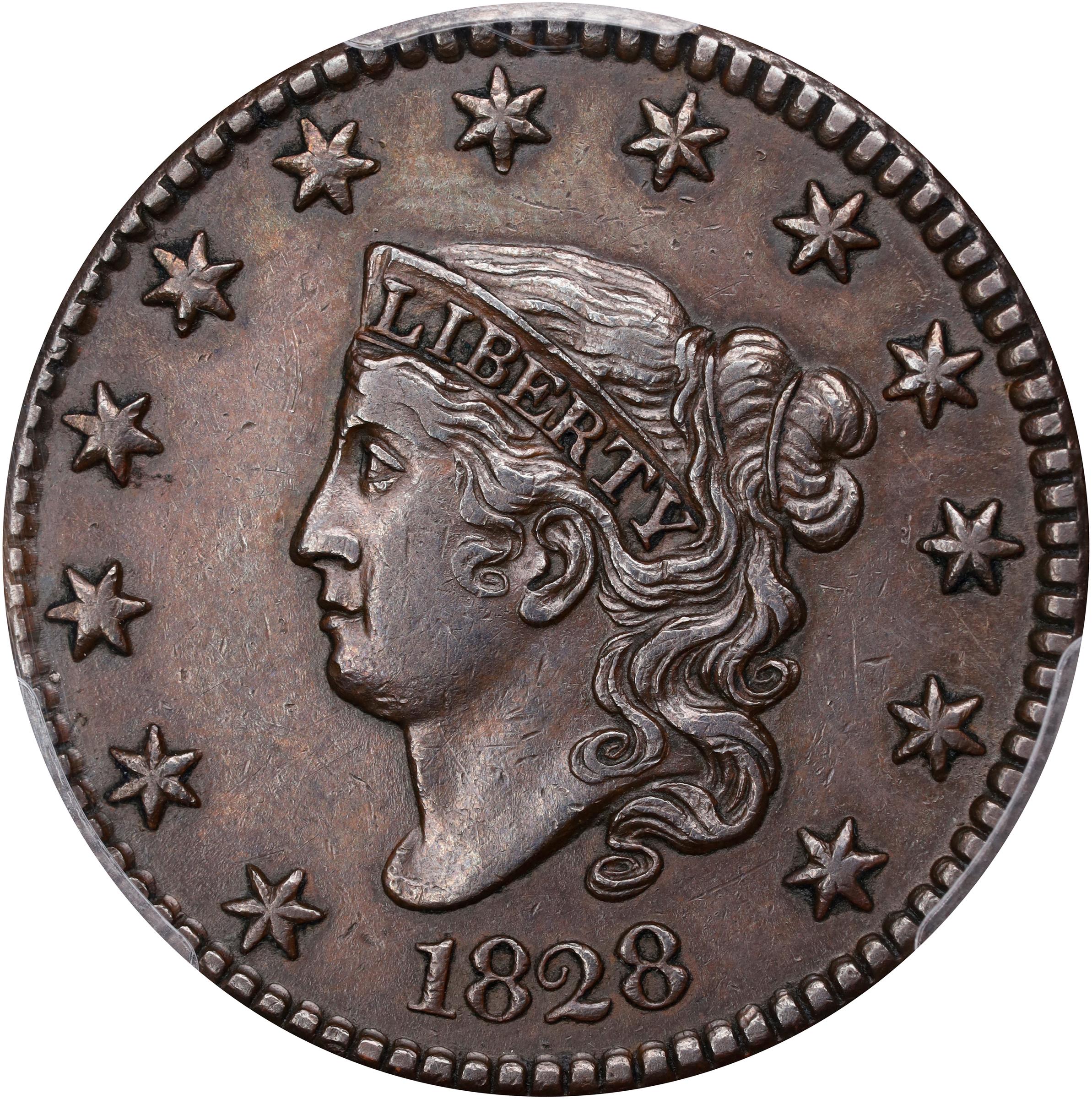 image for: 1828 Matron Head Cent. N-1. Rarity-1. Large Narrow Date. AU-53 (PCGS).
