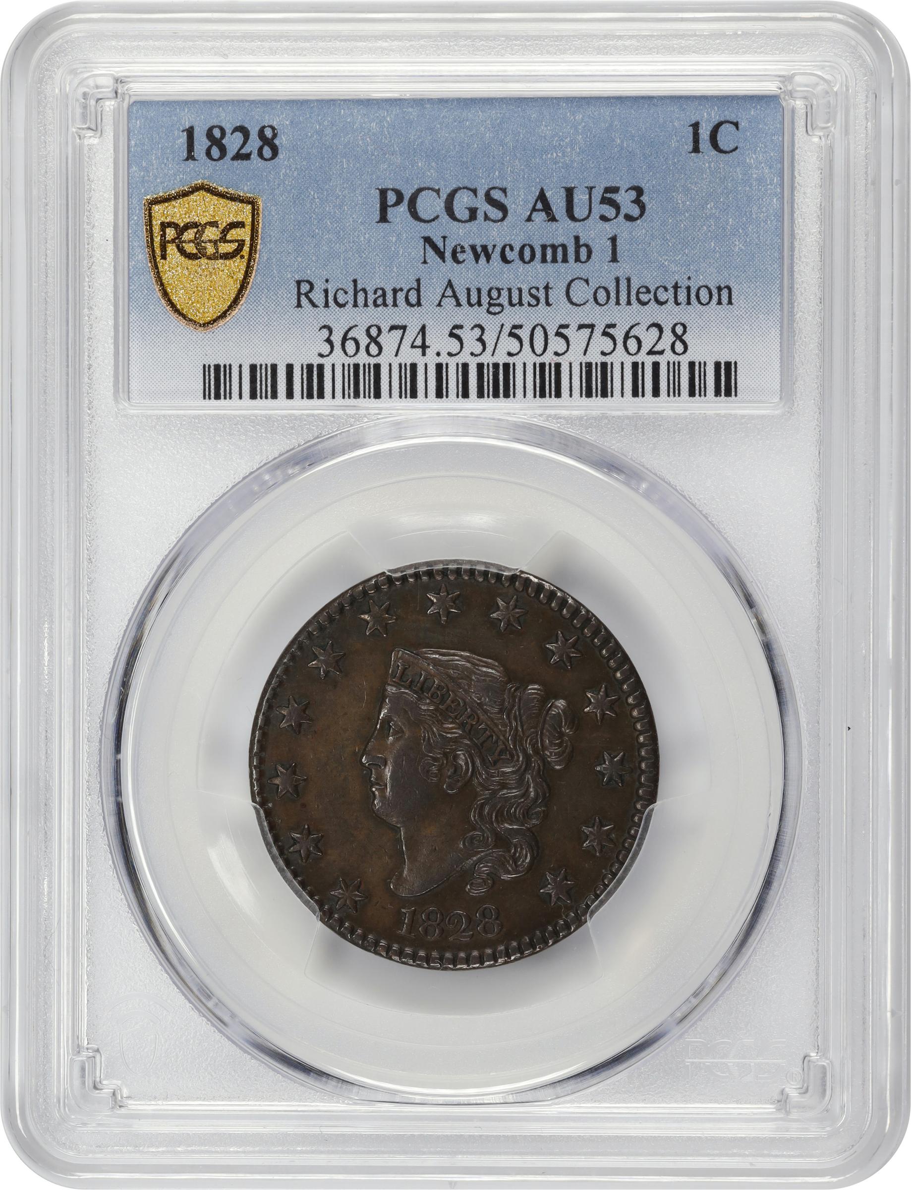 image for: 1828 Matron Head Cent. N-1. Rarity-1. Large Narrow Date. AU-53 (PCGS).