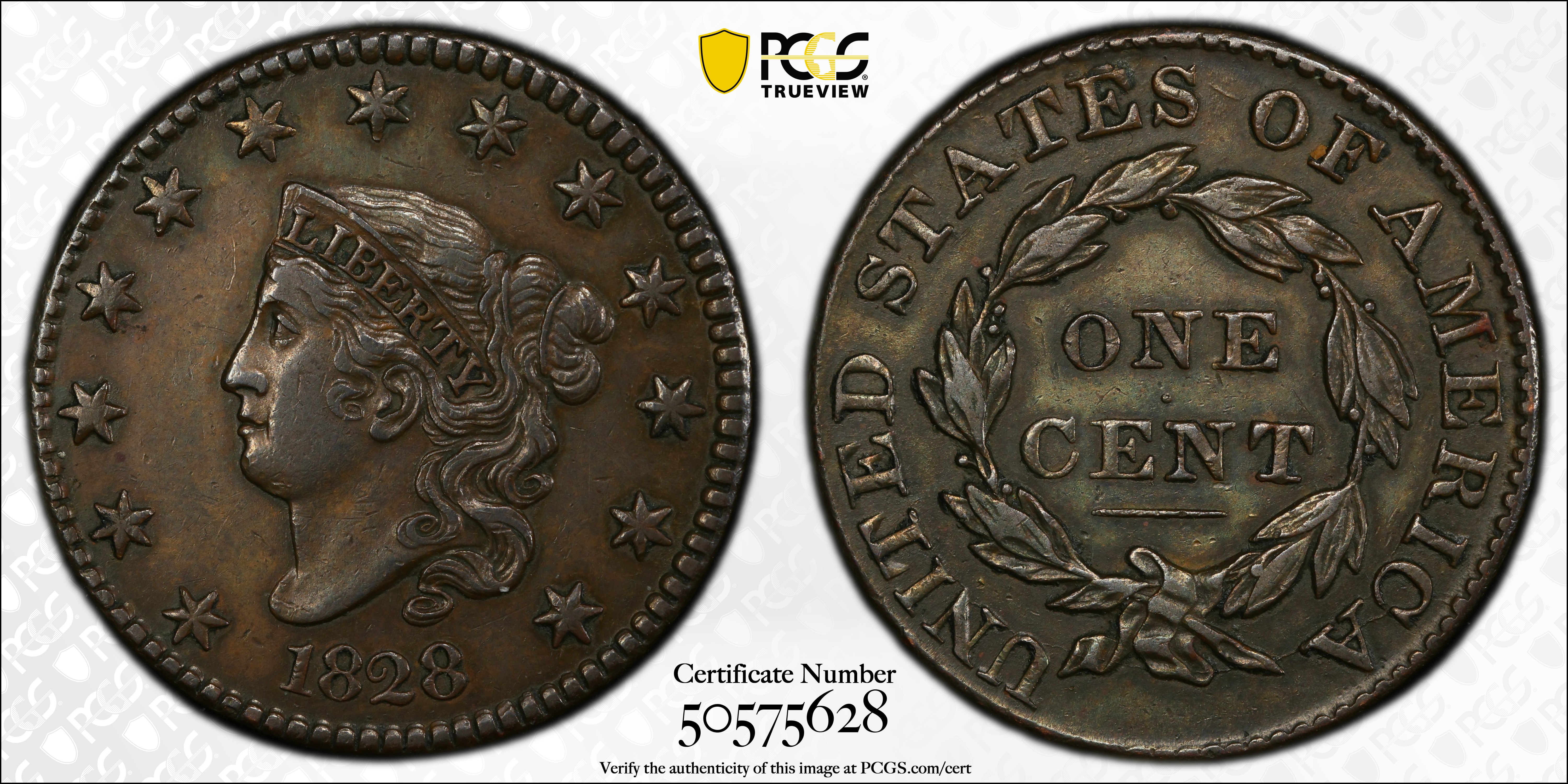 image for: 1828 Matron Head Cent. N-1. Rarity-1. Large Narrow Date. AU-53 (PCGS).