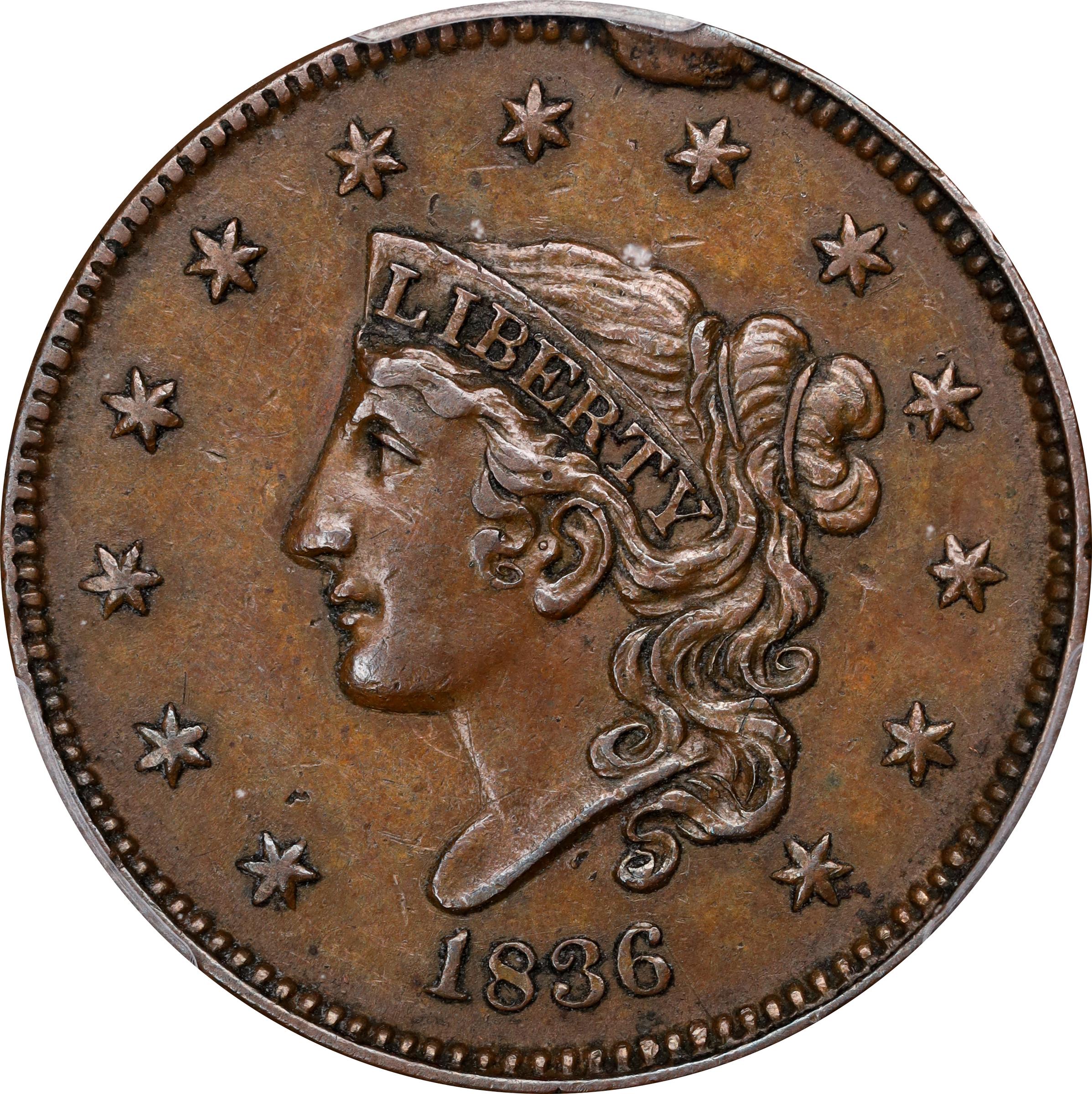 image for: 1836 Modified Matron Head Cent. N-6. Rarity-2. AU-53 (PCGS).