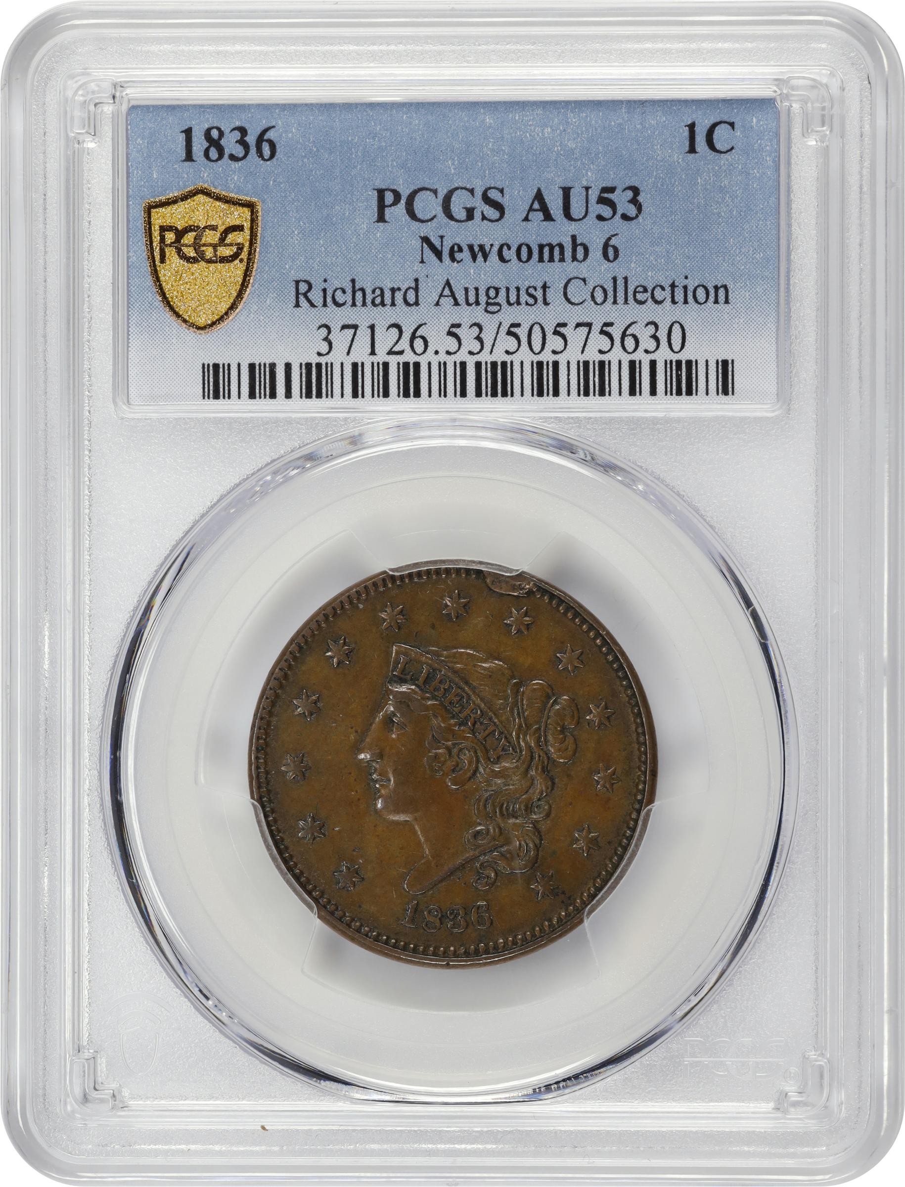 image for: 1836 Modified Matron Head Cent. N-6. Rarity-2. AU-53 (PCGS).