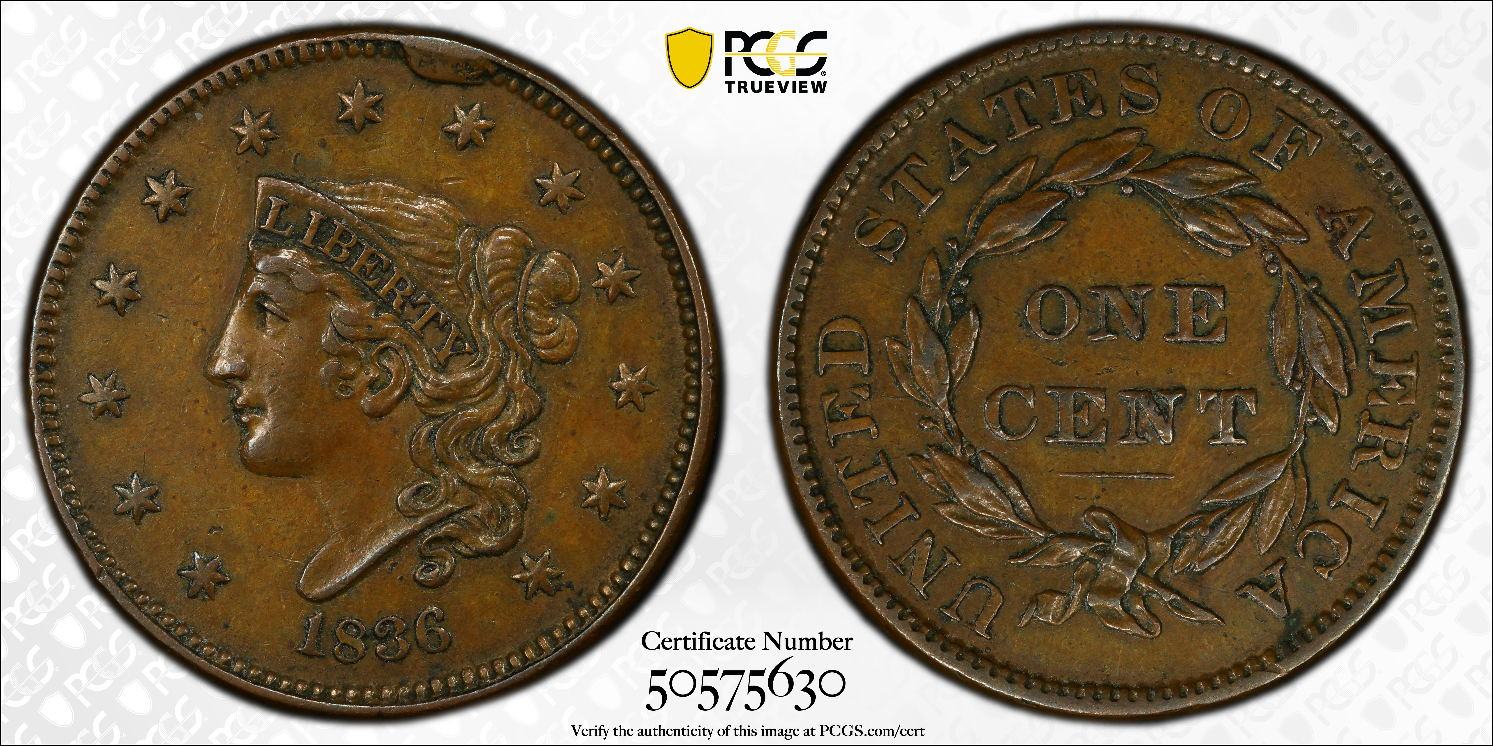 image for: 1836 Modified Matron Head Cent. N-6. Rarity-2. AU-53 (PCGS).