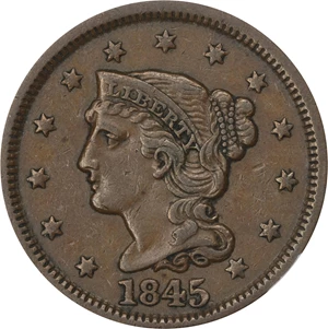 image for: 1845 Braided Hair Cent. N-9. Rarity-2. AU-53 BN (NGC).