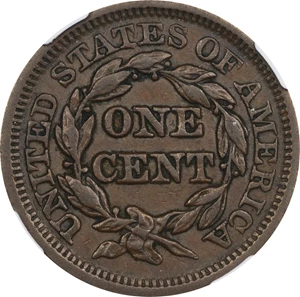 image for: 1845 Braided Hair Cent. N-9. Rarity-2. AU-53 BN (NGC).
