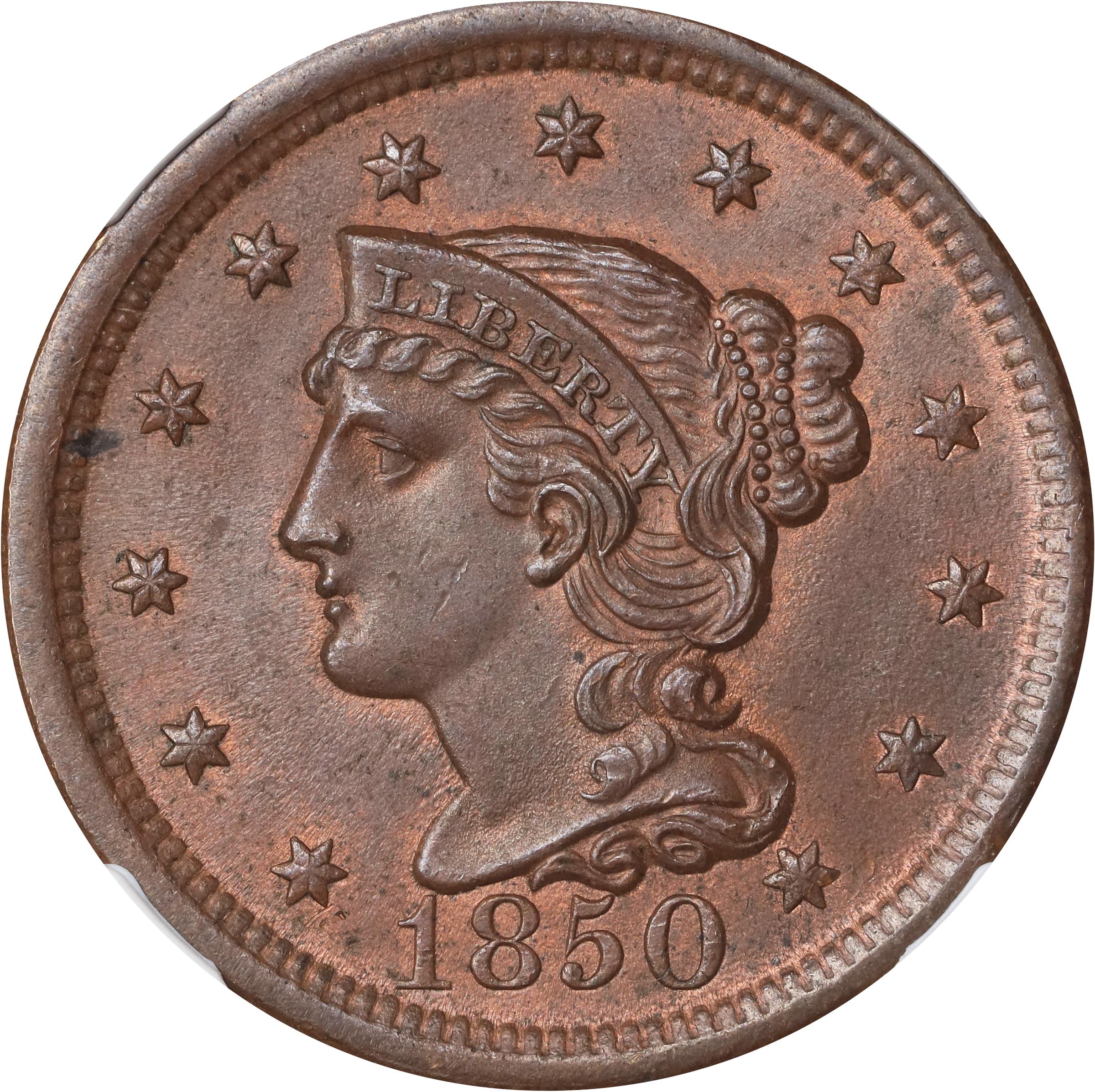 image for: 1850 Braided Hair Cent. N-7. Rarity-2. MS-64 BN (NGC). CAC.