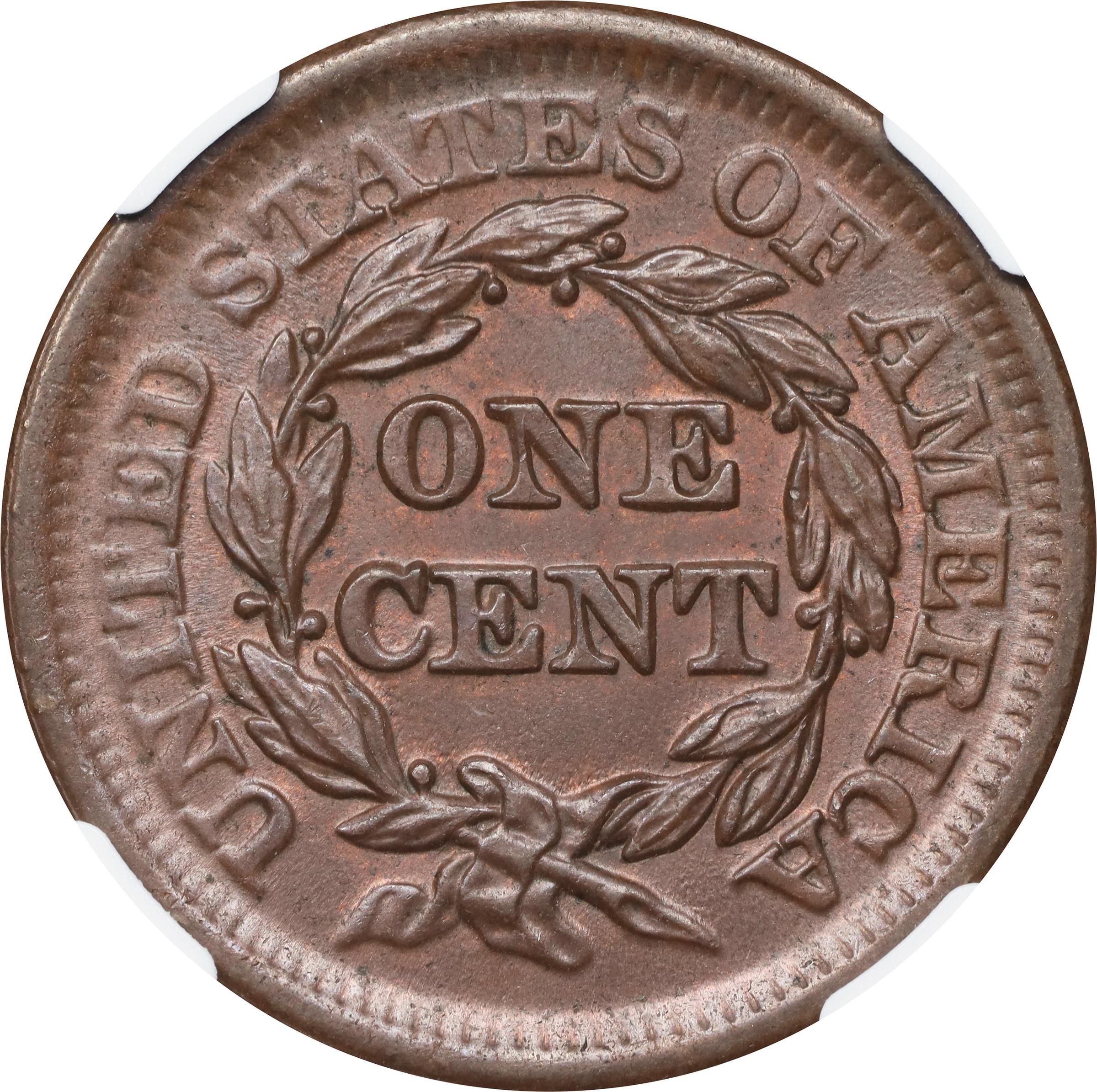 image for: 1850 Braided Hair Cent. N-7. Rarity-2. MS-64 BN (NGC). CAC.