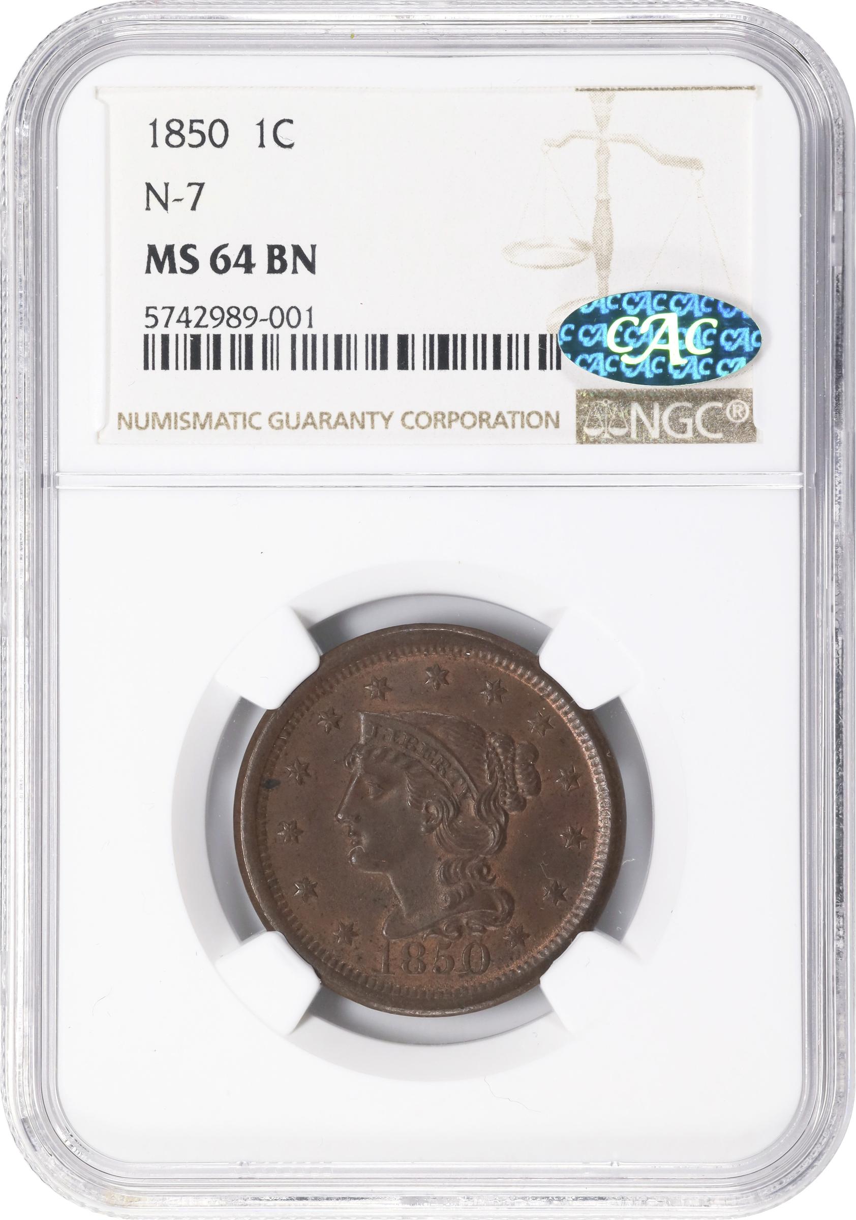 image for: 1850 Braided Hair Cent. N-7. Rarity-2. MS-64 BN (NGC). CAC.