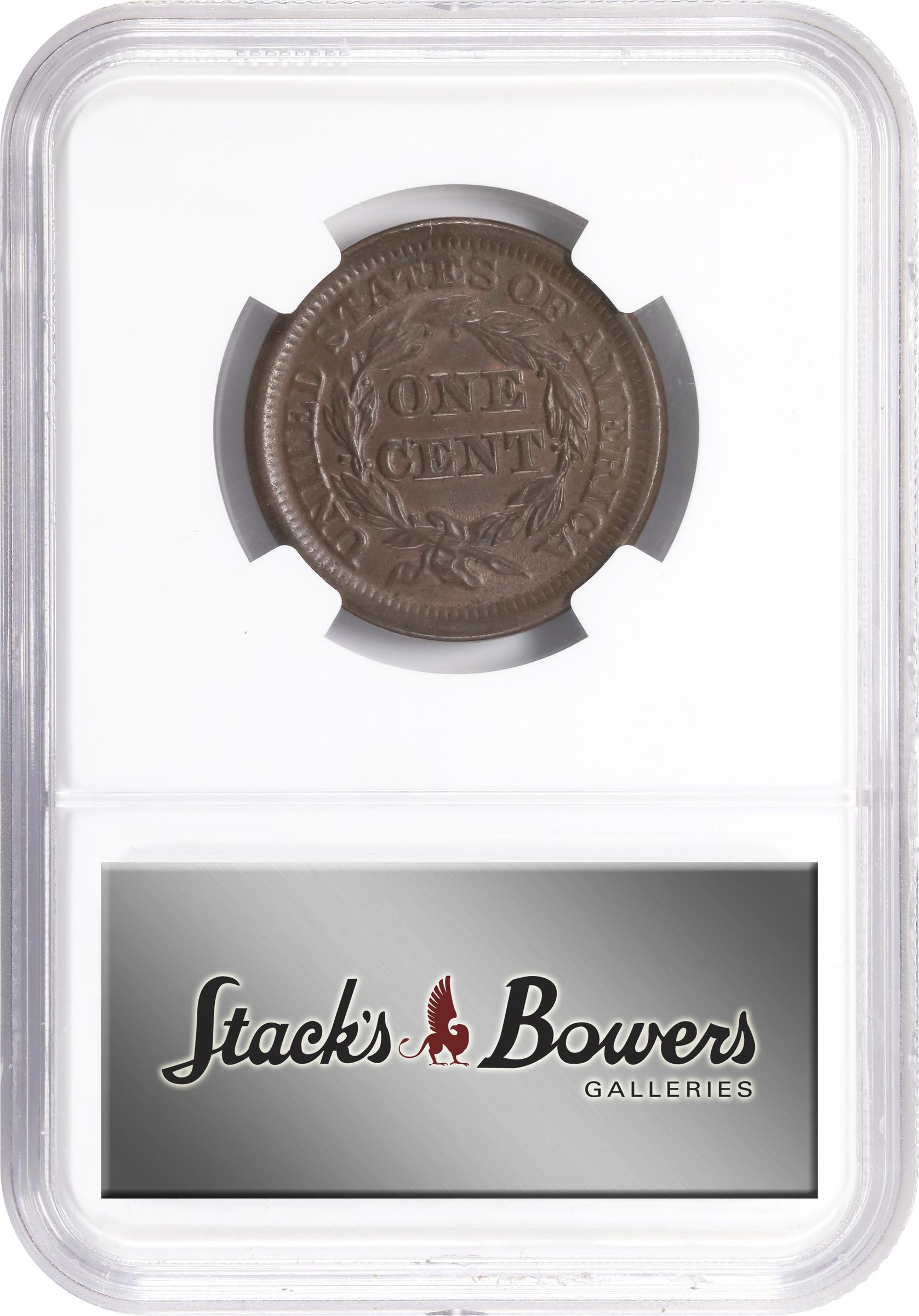 image for: 1850 Braided Hair Cent. N-7. Rarity-2. MS-64 BN (NGC). CAC.