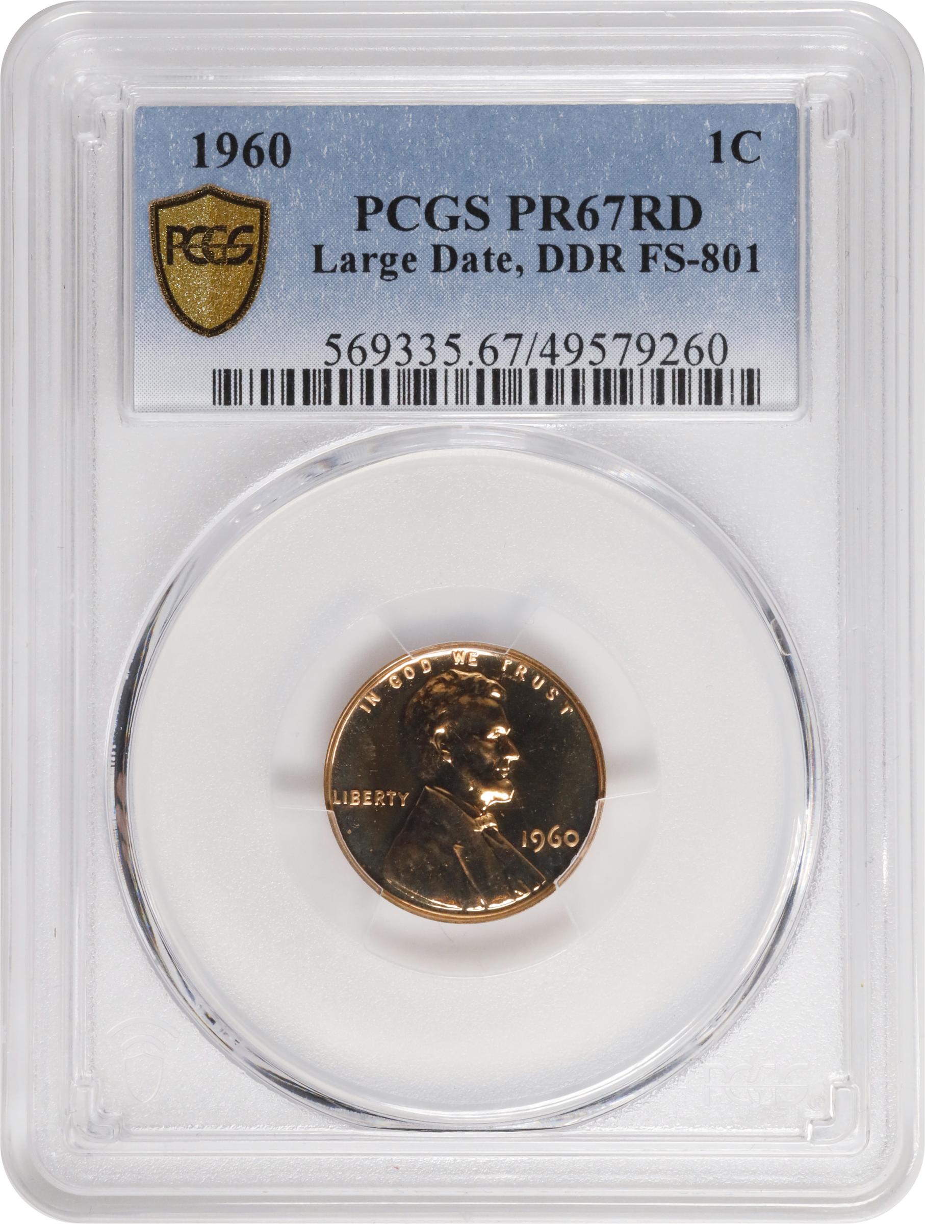 image for: 1960 Lincoln Cent. Large Date. FS-801. Doubled Die Reverse. Proof-67 RD (PCGS).