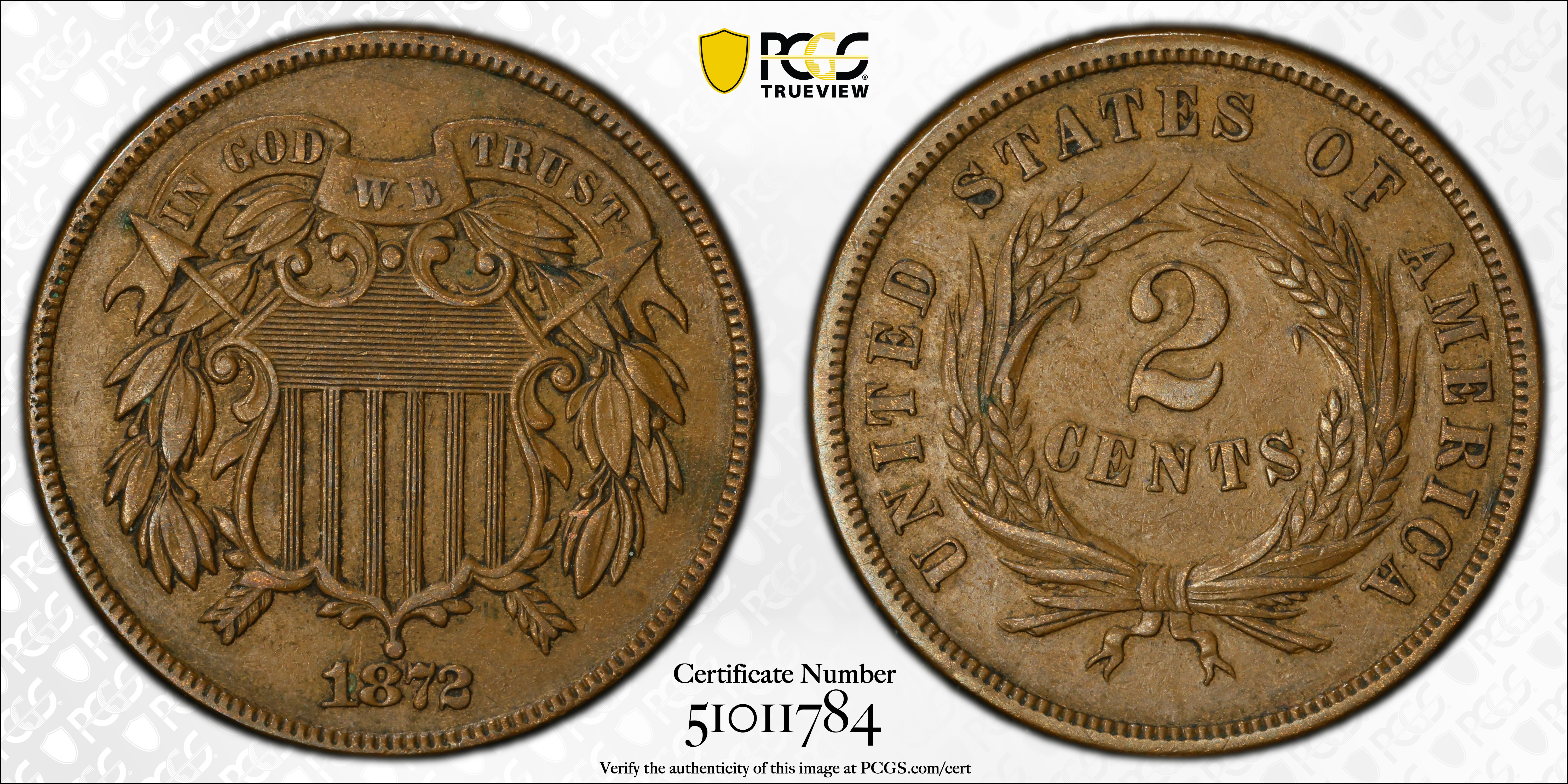 image for: 1872 Two-Cent Piece. Proof-53 (PCGS).