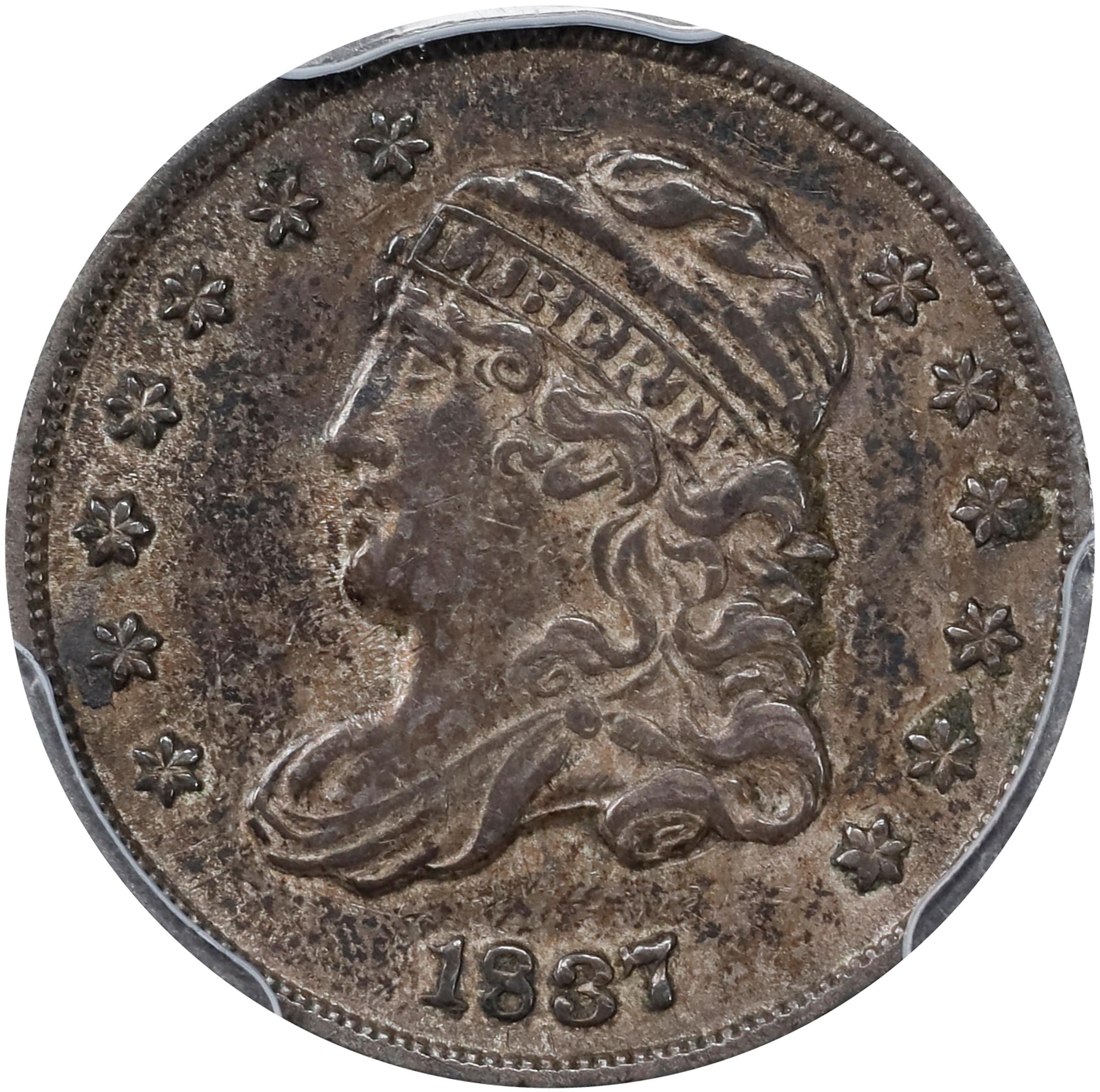 image for: 1837 Capped Bust Half Dime. LM-4, V-2. Rarity-3. Small 5 C. AU-50 (PCGS).
