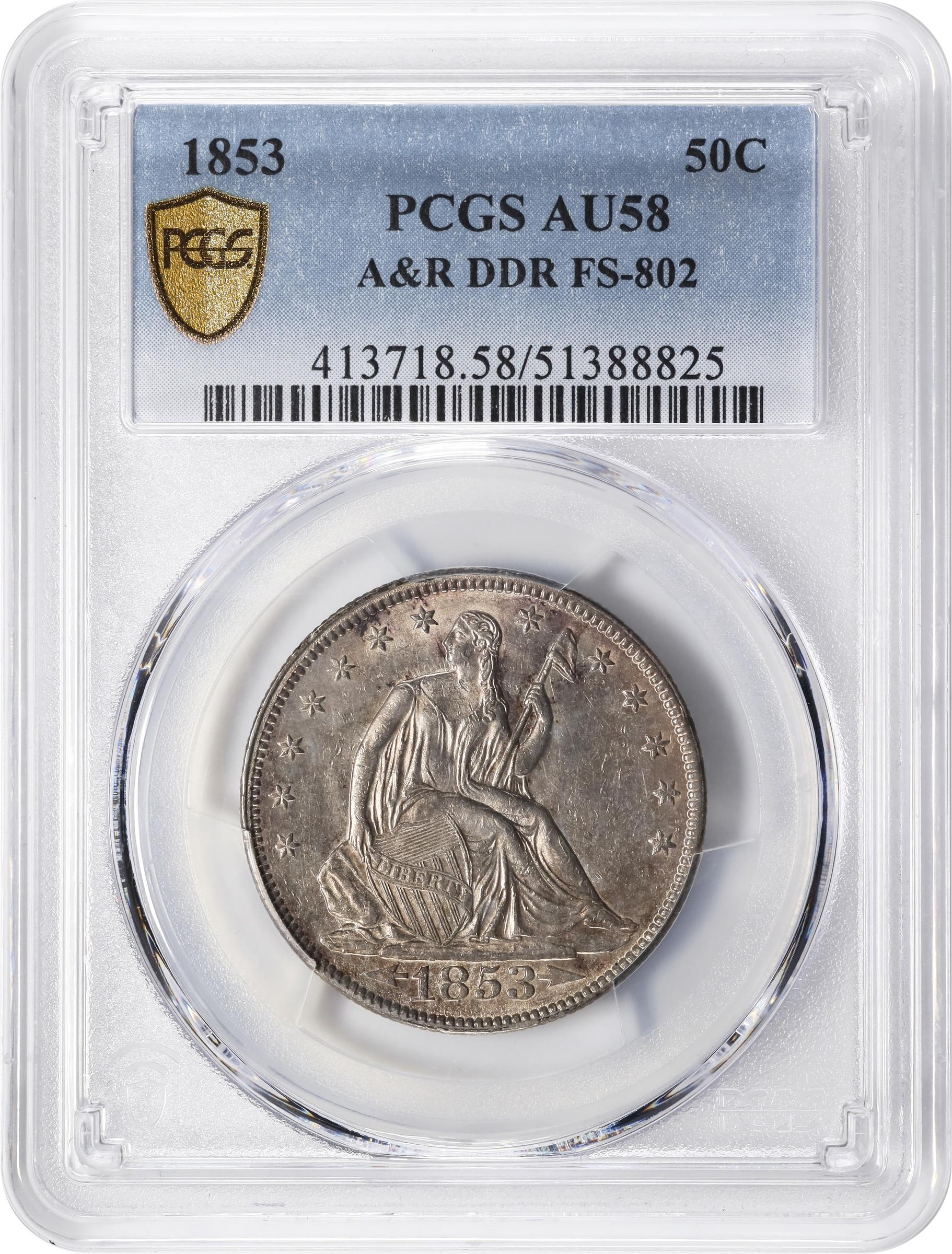 image for: 1853 Liberty Seated Half Dollar. Arrows and Rays. FS-802. Doubled Die Reverse. AU-58 (PCGS).