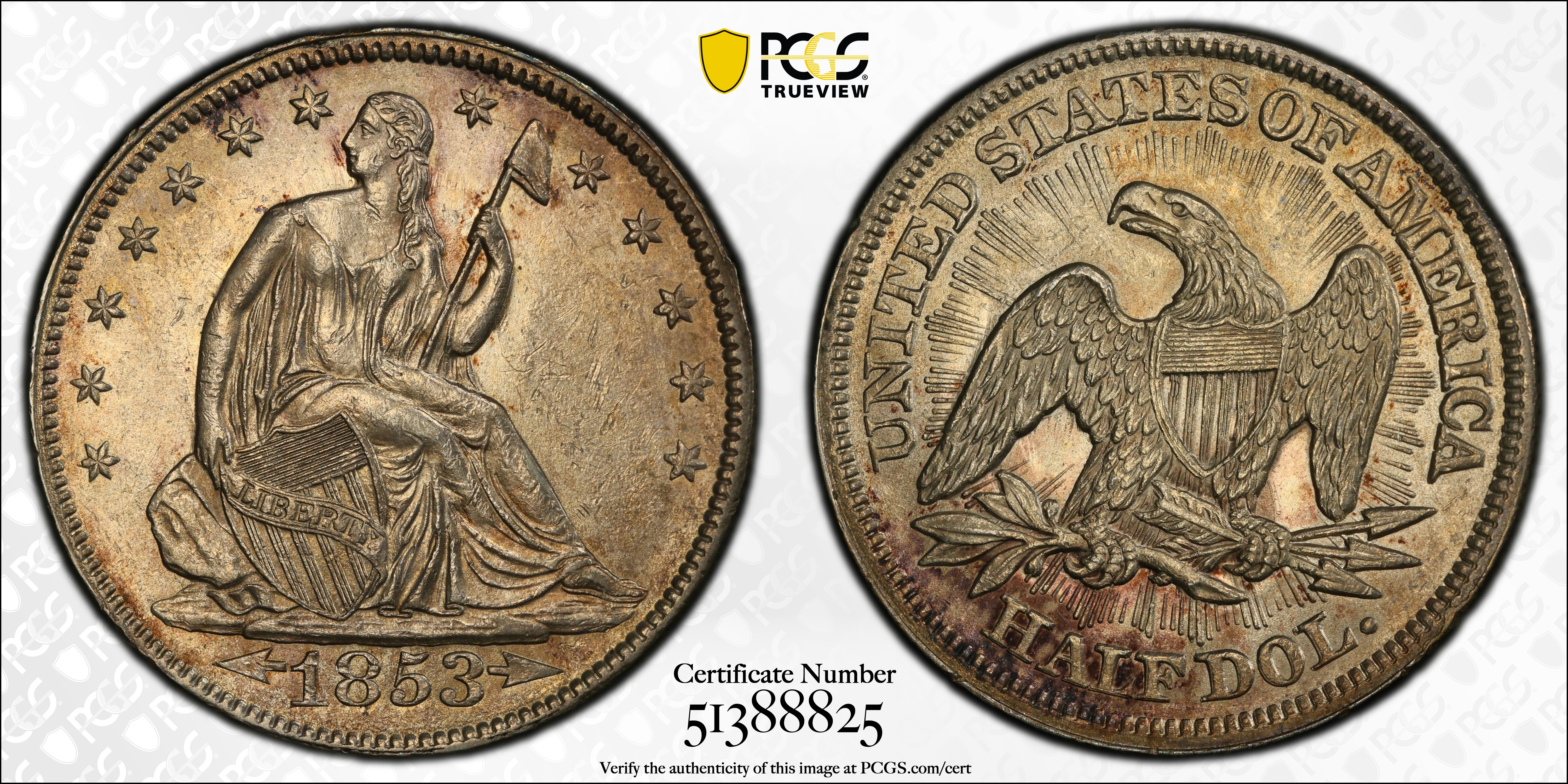 image for: 1853 Liberty Seated Half Dollar. Arrows and Rays. FS-802. Doubled Die Reverse. AU-58 (PCGS).