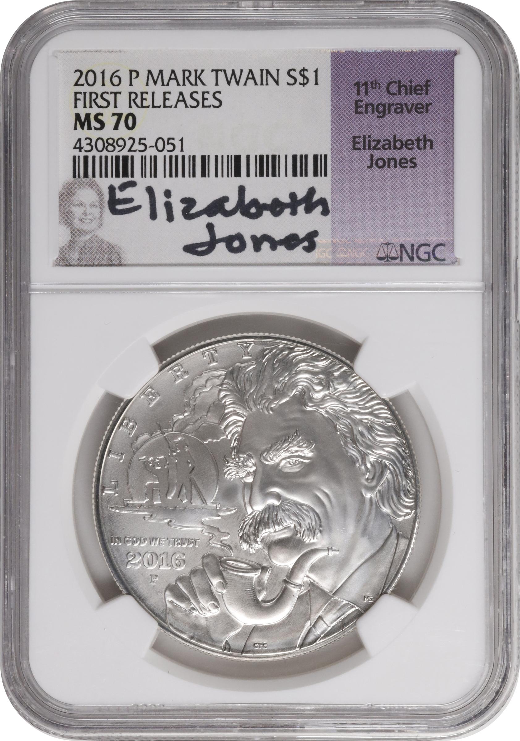 image for: 2016-P Mark Twain Silver Dollar. First Releases. MS-70 (NGC). 11th Chief Engraver Elizabeth Jones Signature.