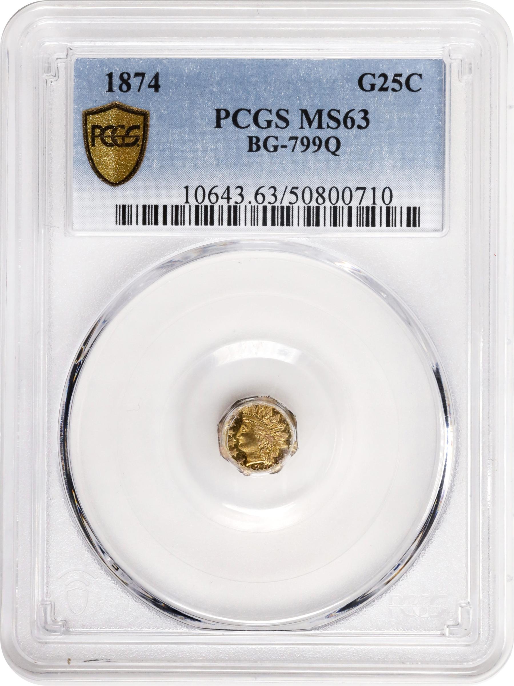 image for: 1874 Octagonal 25 Cents. BG-799Q. Rarity-5+. Indian Head. MS-63 (PCGS).