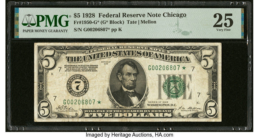 image for: Fr. 1950-G* $5 1928 Federal Reserve Star Note. PMG Very Fine 25....