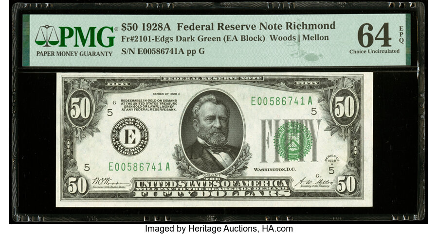 image for: Fr. 2101-E $50 1928A Federal Reserve Note. PMG Choice Uncirculated 64 EPQ....