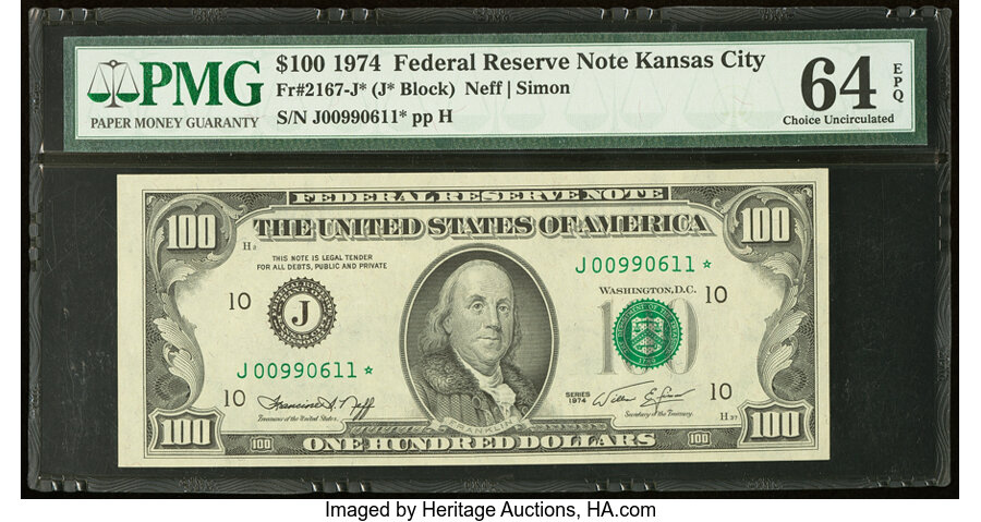 image for: Fr. 2167-J* $100 1974 Federal Reserve Star Note. PMG Choice Uncirculated 64 EPQ....