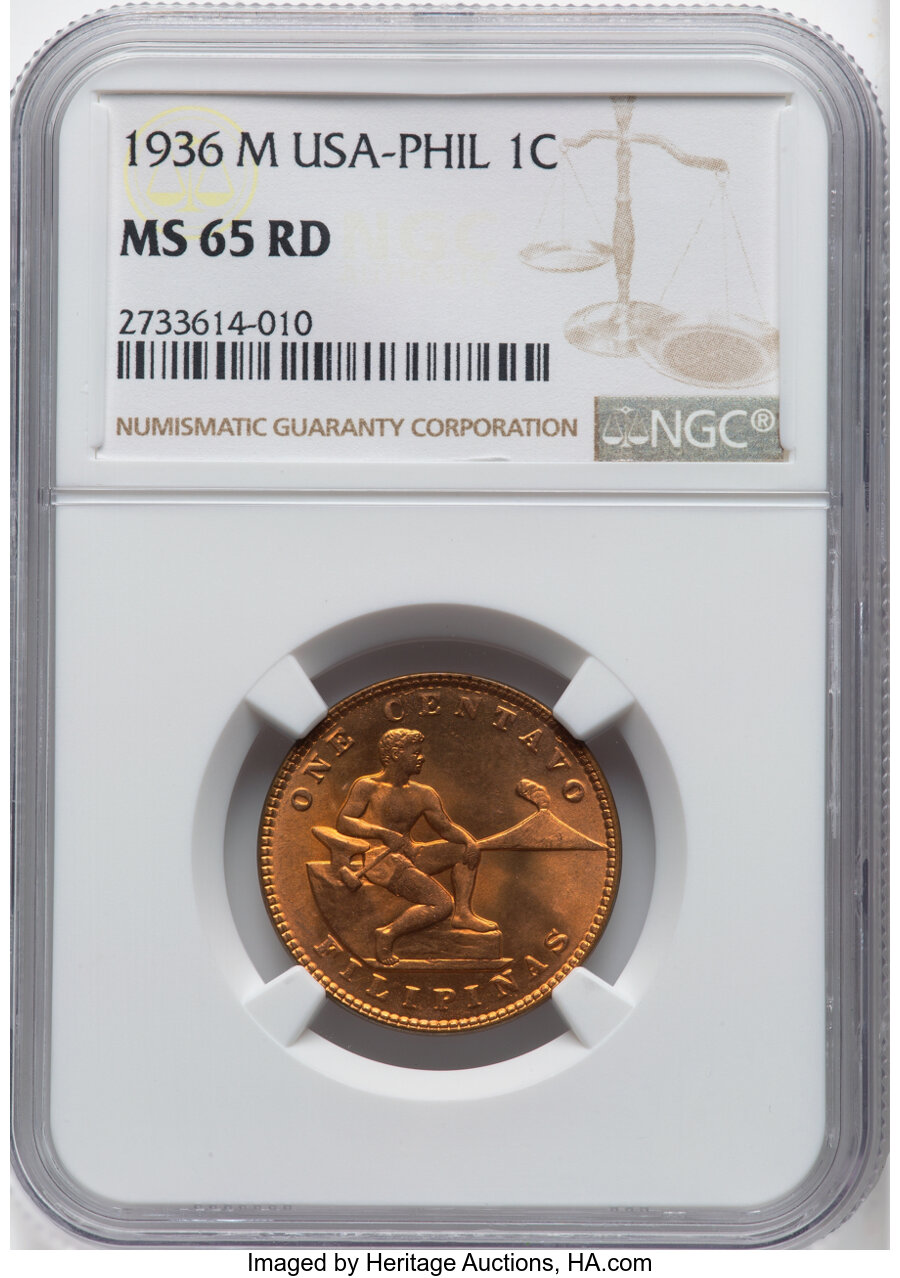 image for: 1936-M 1C Philippines Centavo MS65 Red NGC. NGC Census: (0/0)....