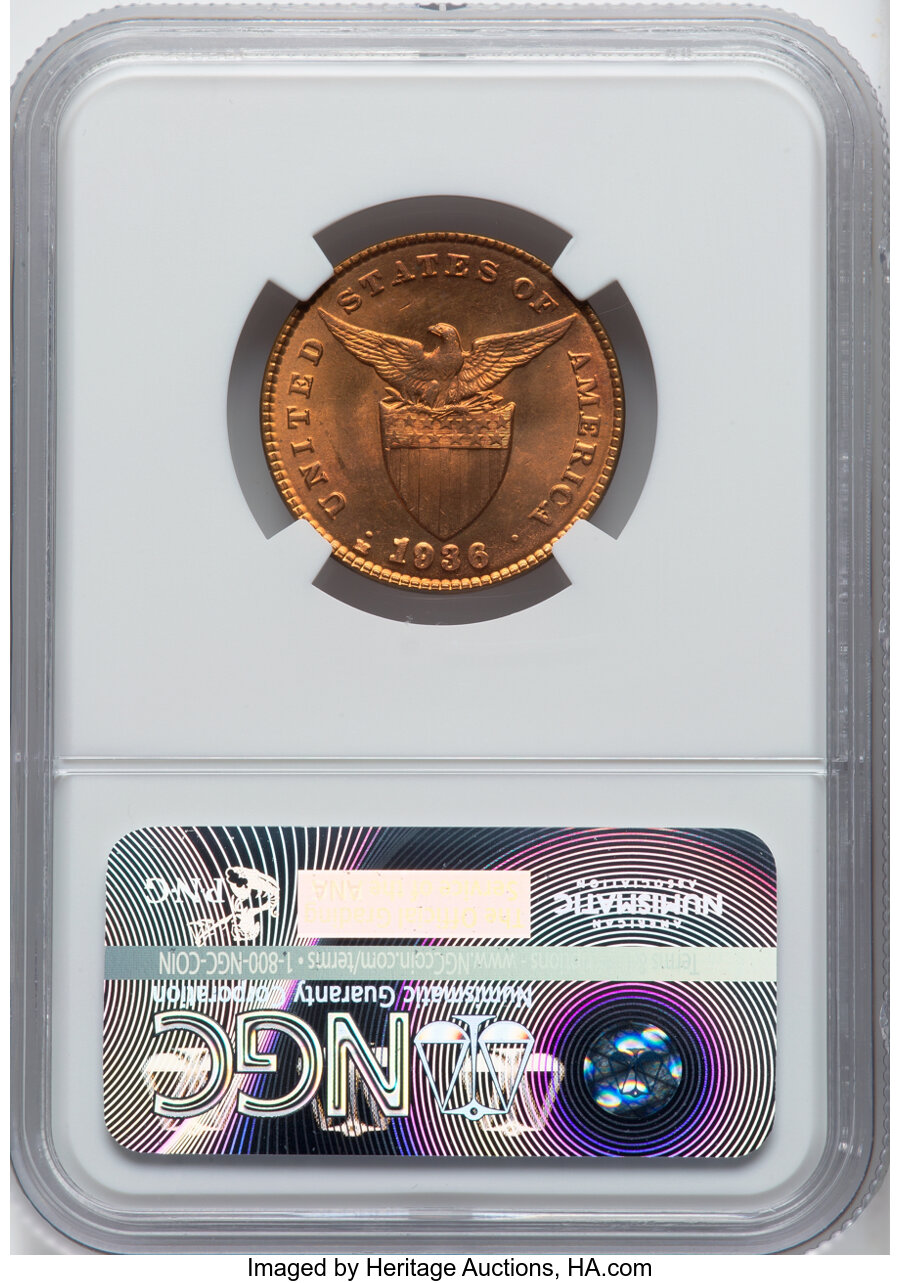 image for: 1936-M 1C Philippines Centavo MS65 Red NGC. NGC Census: (0/0)....
