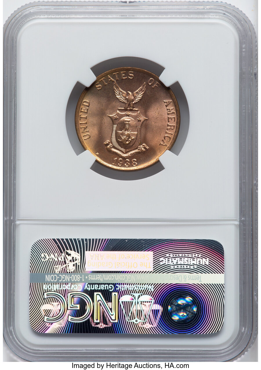 image for: 1938-M 1C Philippines Centavos MS65 Red NGC. NGC Census: (0/0)....