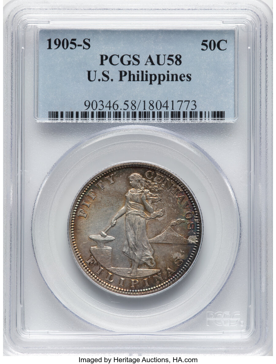 image for: 1905-S 50C Philippines 50 Centavos AU58 PCGS. PCGS Population: (18/22).  ...