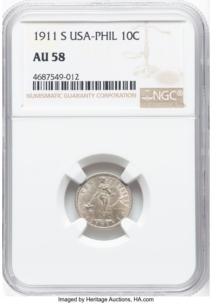 image for: 1911-S 10C Philippines 10 Centavos AU58 NGC. NGC Census: (0/0).  ...