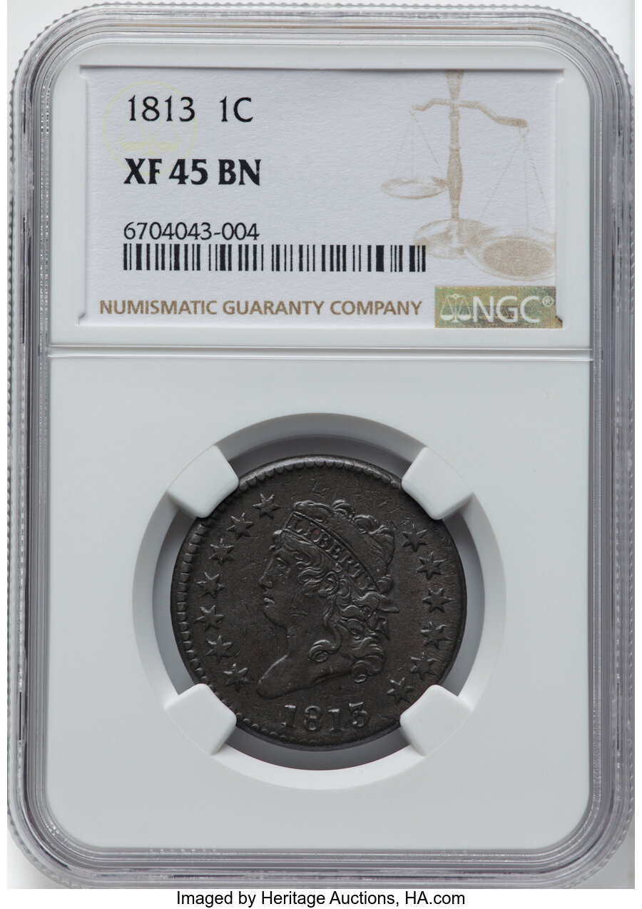 image for: 1813 1C S-292, B-2, R.2, XF45 NGC. NGC Census: (11/65).  Mintage 418,000....