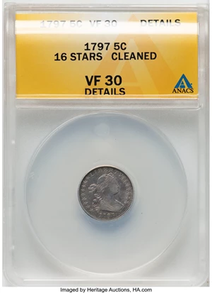 image for: 1797 H10C 16 Stars, V-4, LM-2, R.4 -- Cleaned -- ANACS Details. VF30. Mintage 44,527....