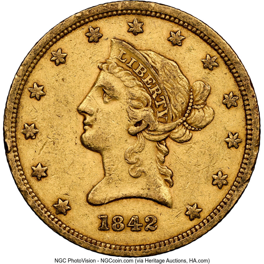 image for: 1842 $10 Small Date AU53 NGC. NGC Census: (23/52).  Mintage 18,623. ...