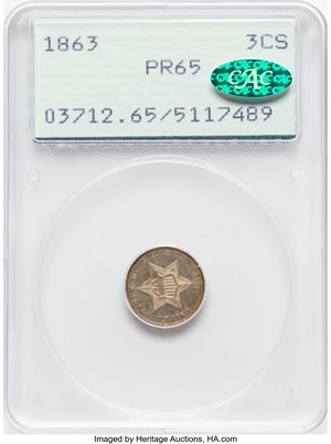image for: 1863 3CS PR65 PCGS. CAC. Housed in a Generation 1.2 "rattler" holder. CAC Population: (5/16). Mintage 460....