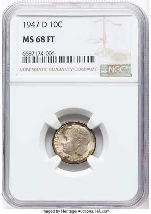 image for: 1947-D 10C MS68 Full Bands NGC. NGC Census: (8/1). Mintage 46,835,000. ...