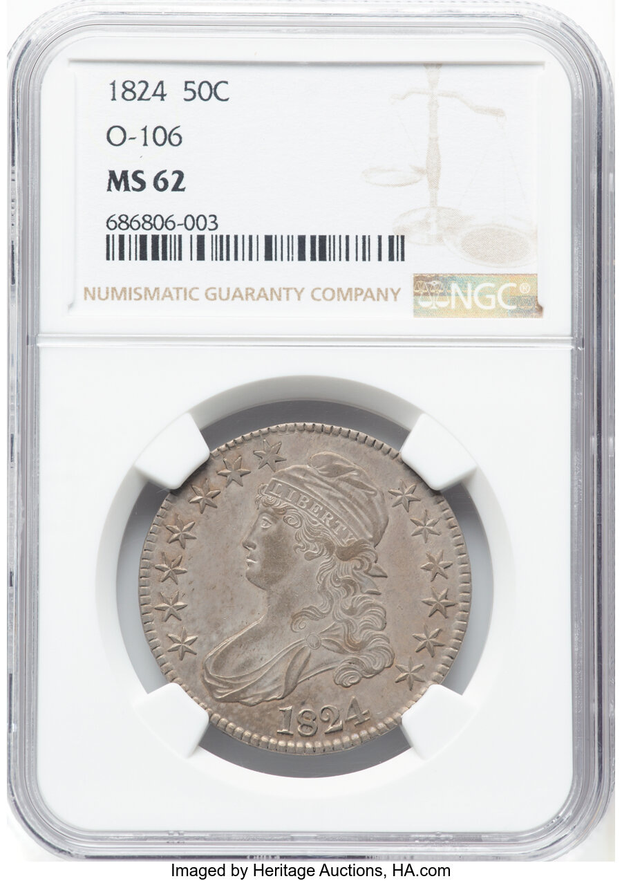 image for: 1824 50C O-106, R.4, MS62 NGC. NGC Census: (2/0).  Mintage 3,504,954....