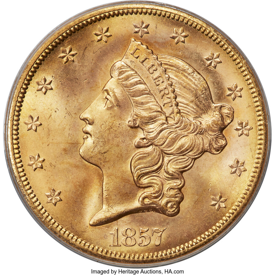 image for: 1857-S $20 Narrow Serif, Variety 20C, MS65 PCGS....